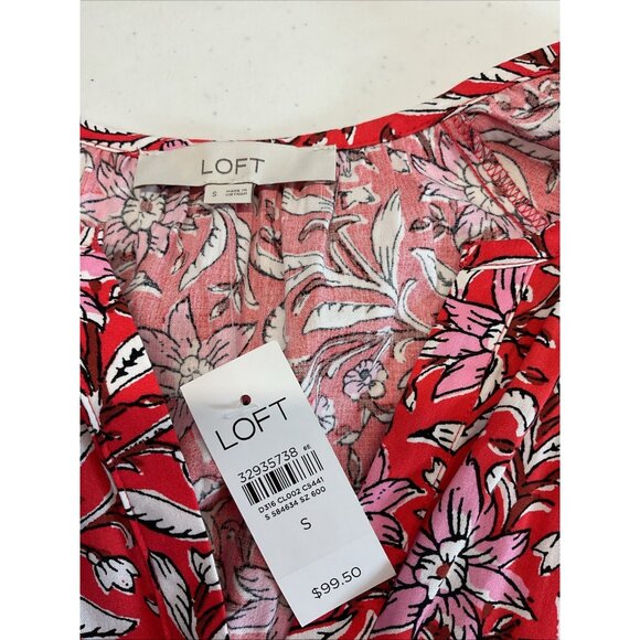 NEW Loft Floral Tiered Summer Dress Ruffle Button Front Pockets Red Pink size S - Picture 6 of 11